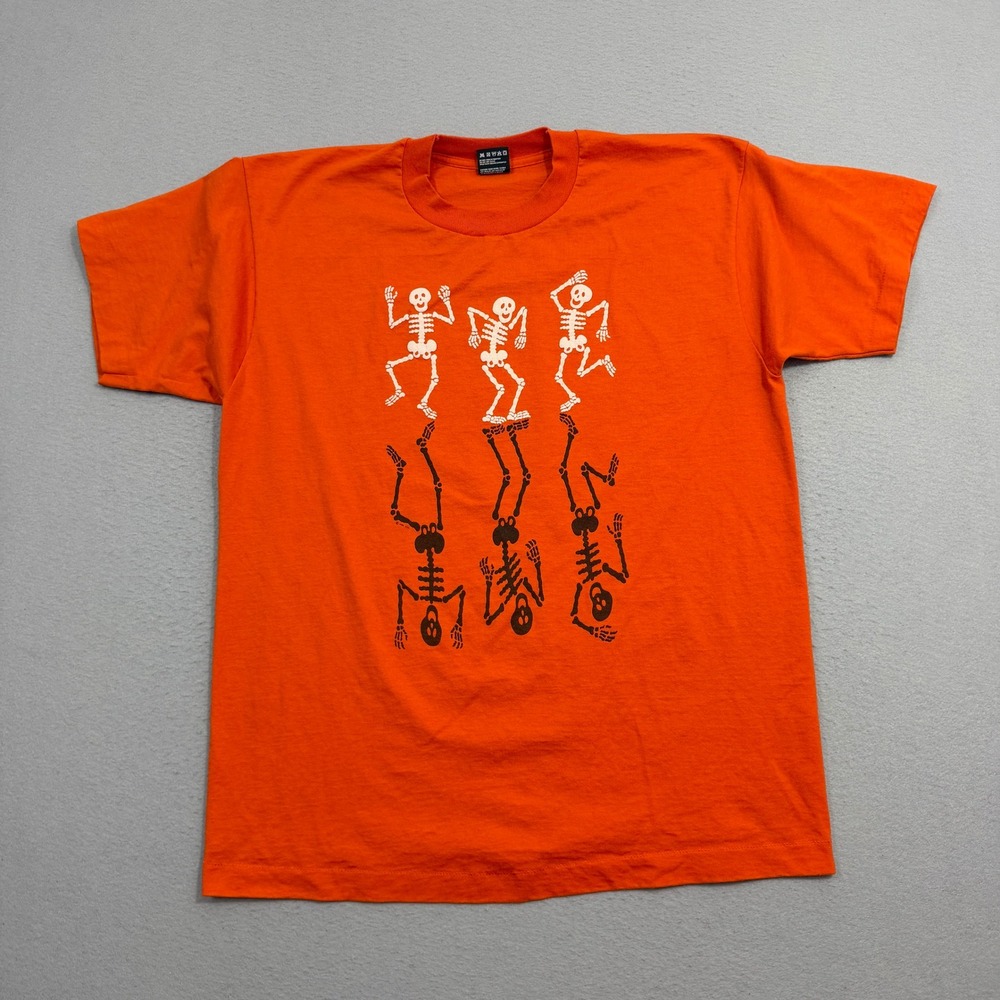 Vintage Halloween Shirt Men's XL Orange Skeleton Dancing Spooky October 90s USA